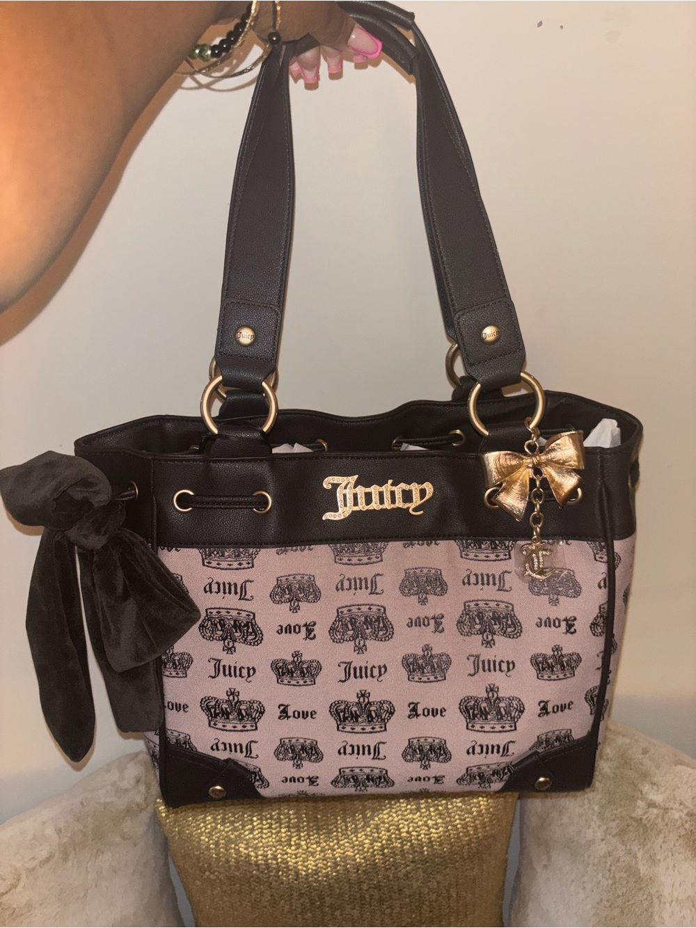 Juicy Couture Pink and Black Logo Tote with Gold Accents